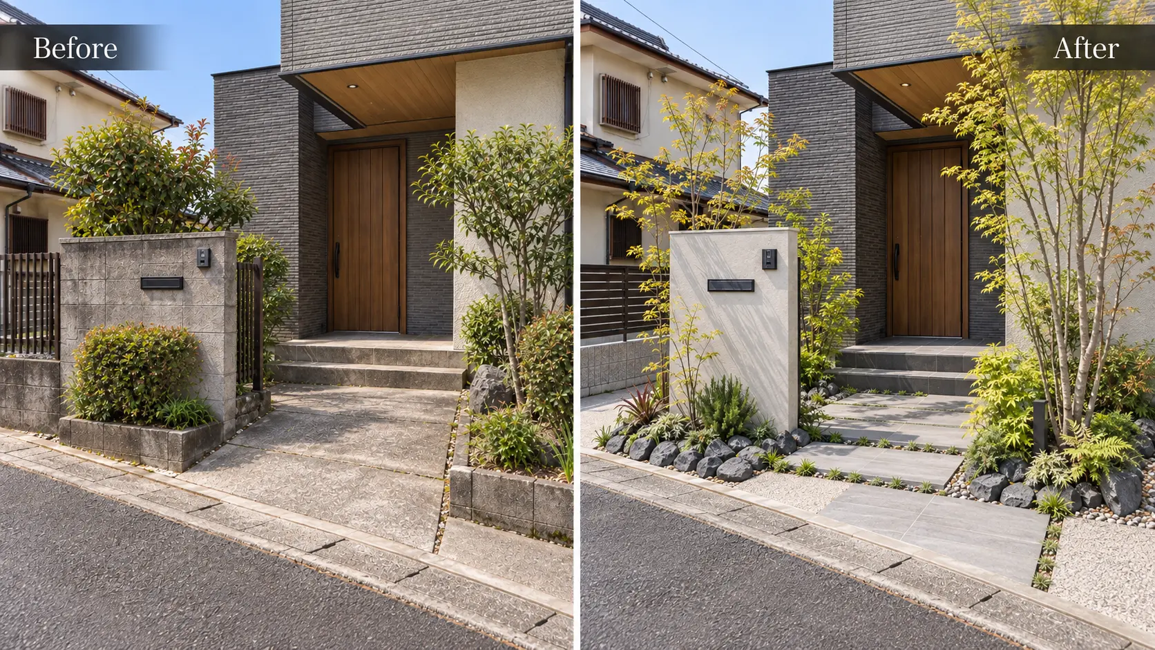 玄関・植栽のビフォーアフターイメージ